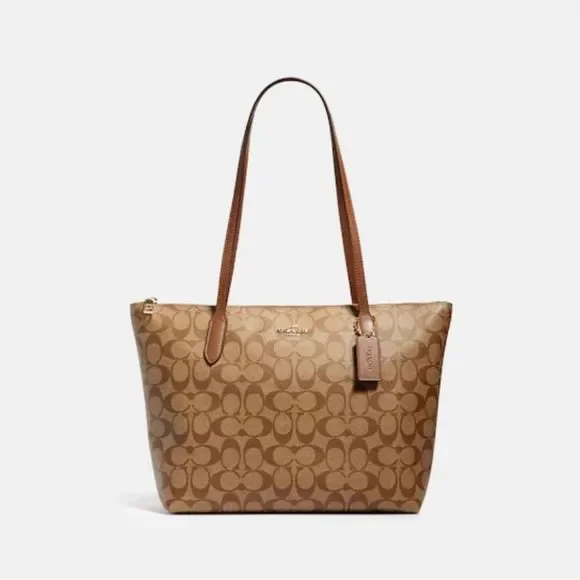 🔥HP🔥 NWT $485 COACH Zip Top Tote In Signature Canvas. Gold/Khaki Saddle 2 - Picture 1 of 6